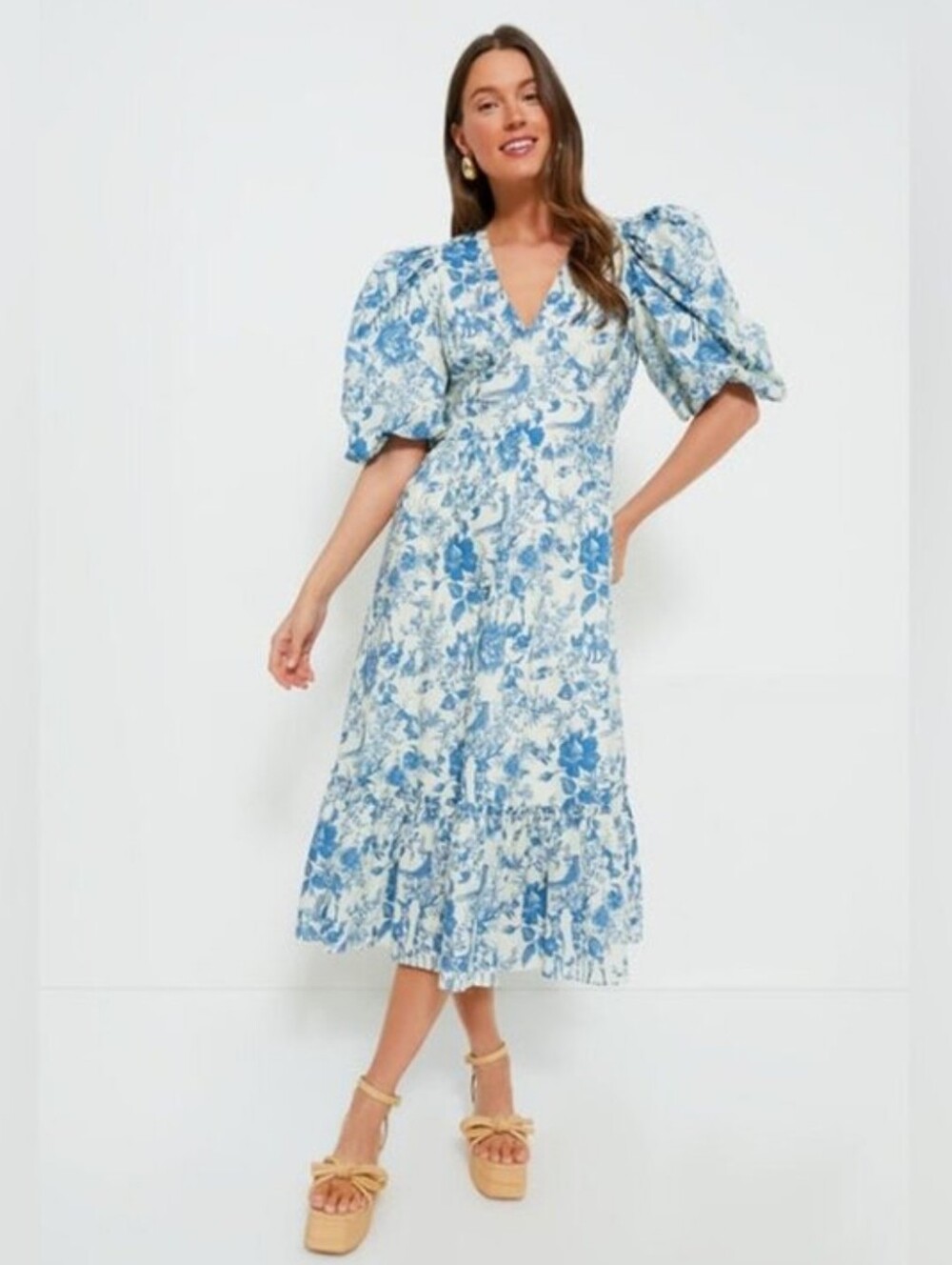 Tuckernuck Hyacinth House Lindley Midi Dress Blue Woodland Floral Toile Size L